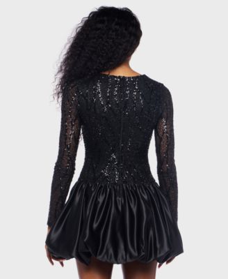 Junior's Long Sleeve Round Neck Bubble Dress