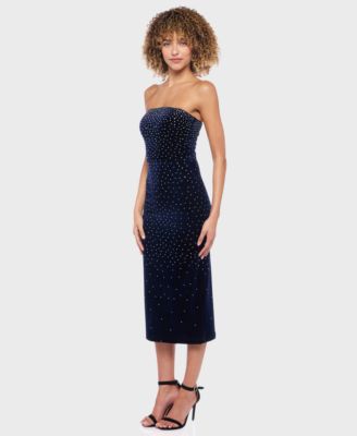 Junior's Velvet with Stones Strapless Dress