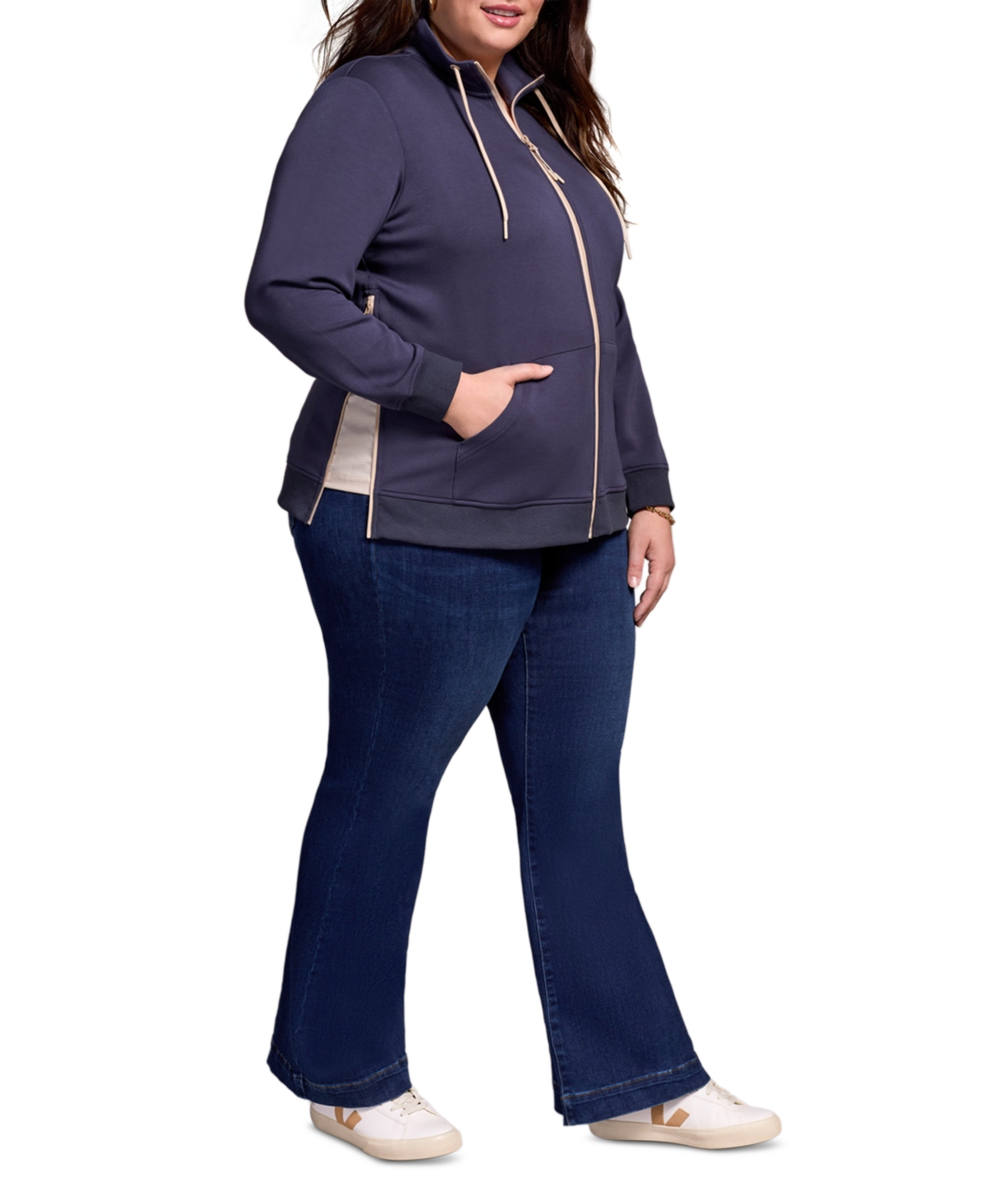 Tribal Plus Size Techno Lux Mock Neck Cardigan Vest Jacket In Blue