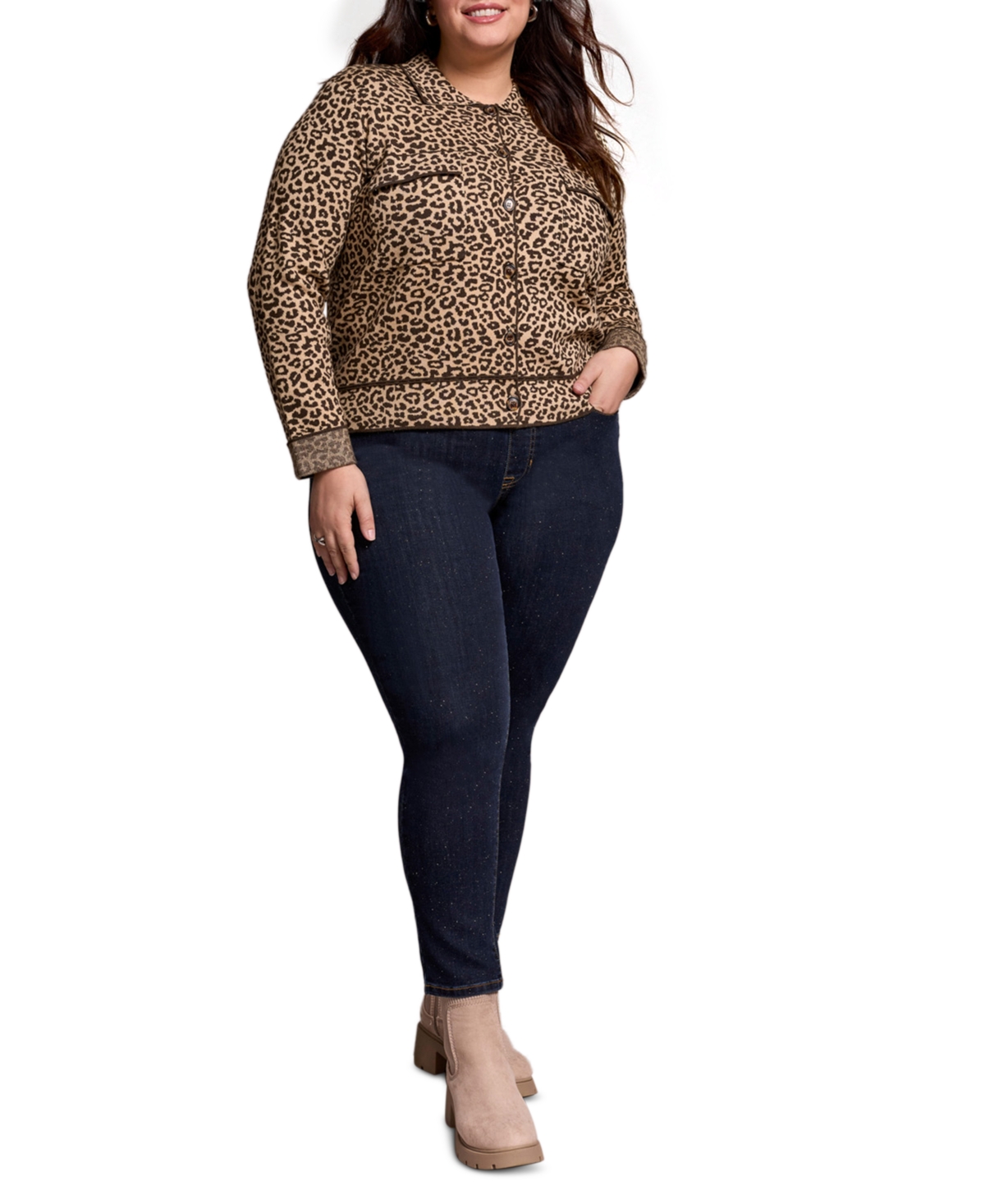 Tribal Plus Size Double Knit Long-sleeve Cardigan Sweater In Brown