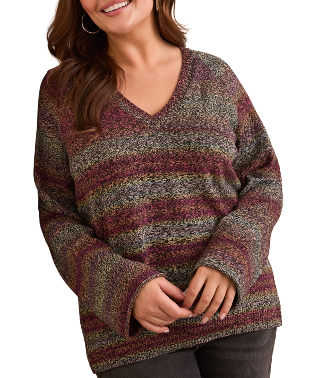Tribal Plus Size Combed Cotton V-neck Sweater In Multi