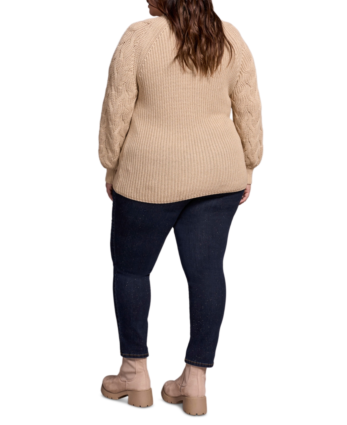 Tribal Plus Size Cable Knit Mock Neck Sweater In Brown