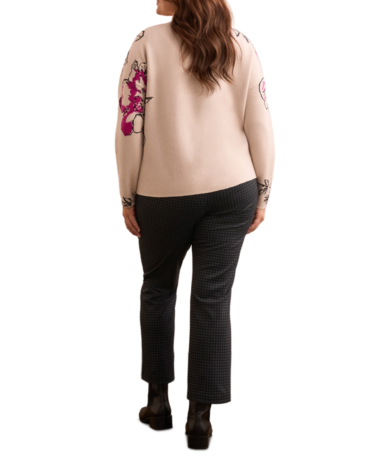 Tribal Plus Size Knit Jacquard Funnel Neck Sweater In Pink
