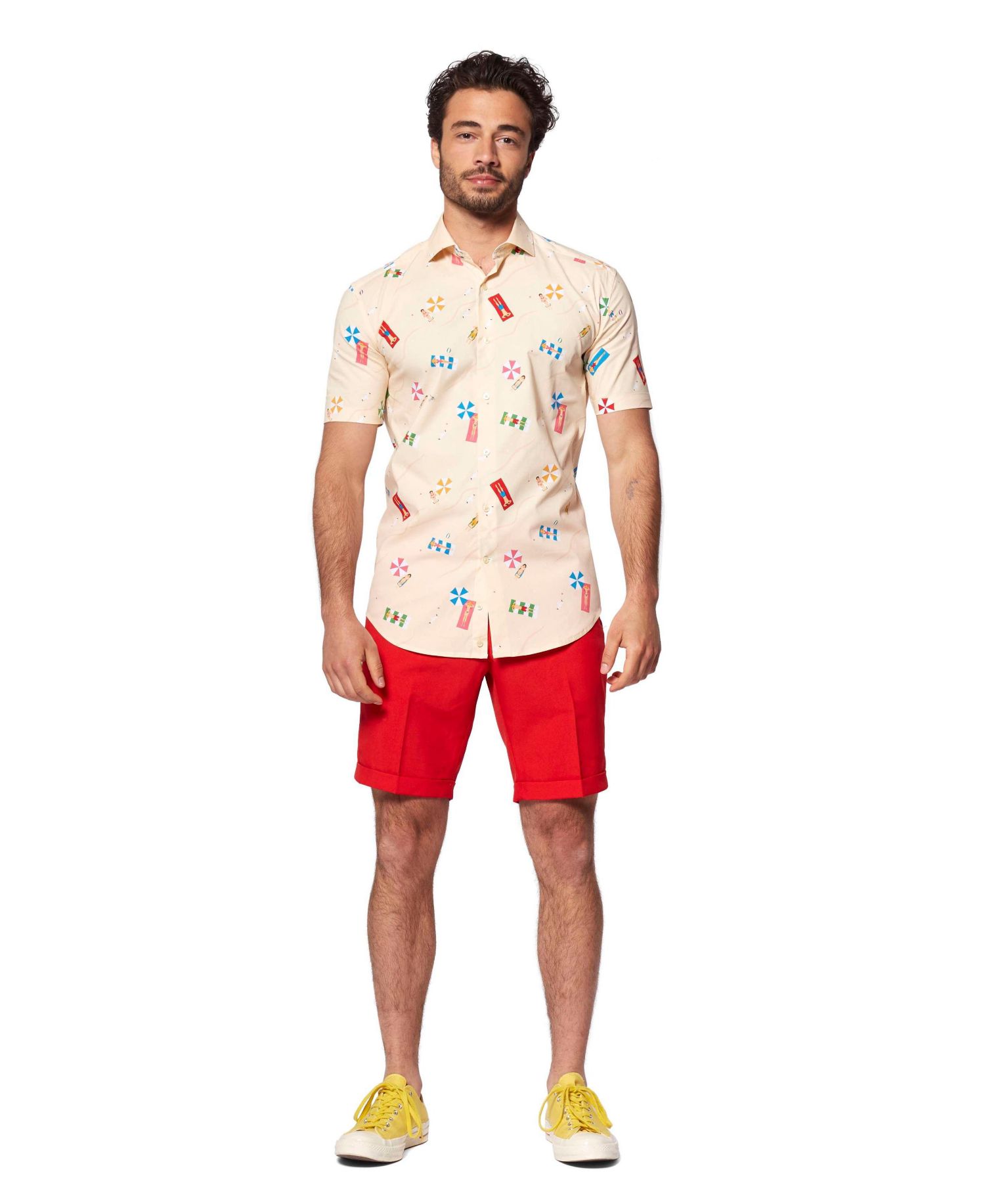 Big & Tall Beach Shirt - Short Sleeved Button Down Dress Shirt - Slim Fit - Beige