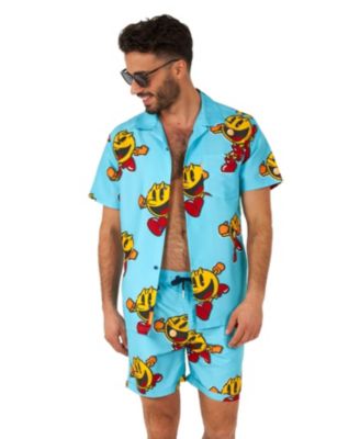 Men's Hawaiian 2 Piece Set - PAC-MAN Summer Beach Swim Wear Slim Fit - Includes Short Sleeve Shirt and Shorts