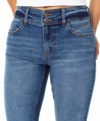 Juniors' Double-Button Distressed Bootcut Jeans