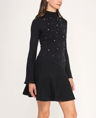 Juniors' Long Sleeve Asymmetric Skater Skirt Sweater Dress