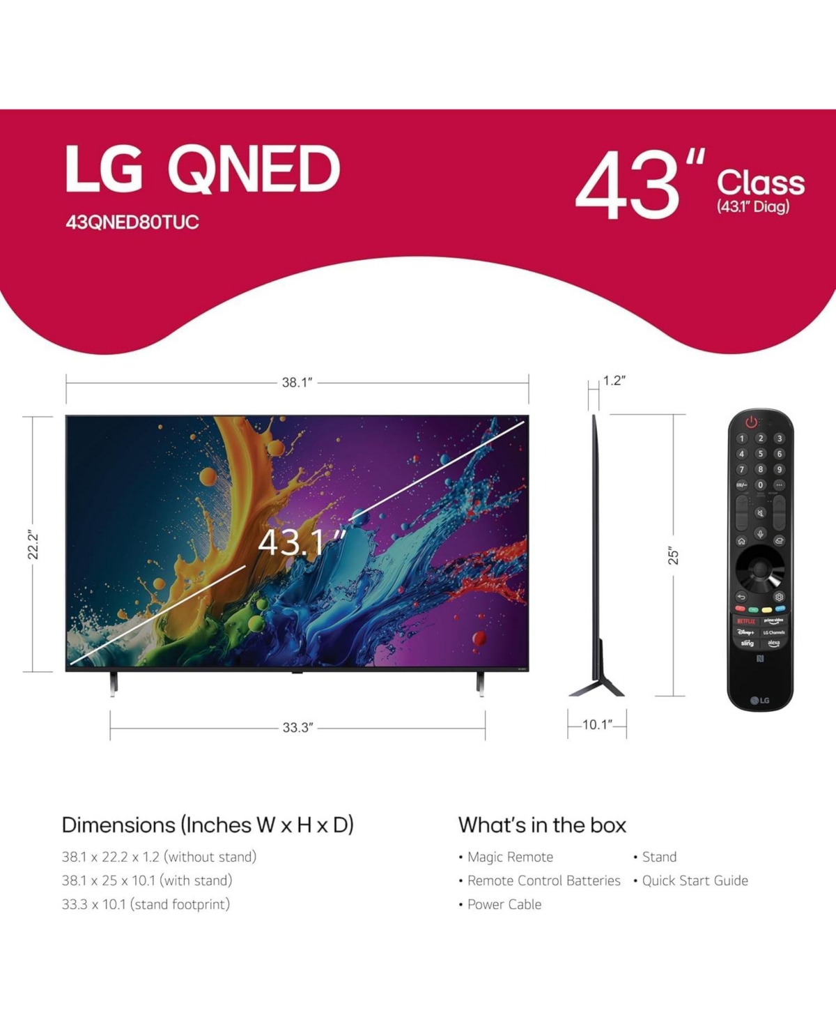 Lg 43" Qned 4K Smart Tv, Quantum Dot, Ai Processor, HDR10, webOS, Dolby Atmos, ThinQ, Alexa, Magic Remote, Gaming Optimizer - 43QNED80TUC