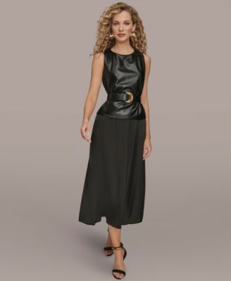 Donna Karan New York - Women's Sleeveless Mixed Media Belted Midi Dress