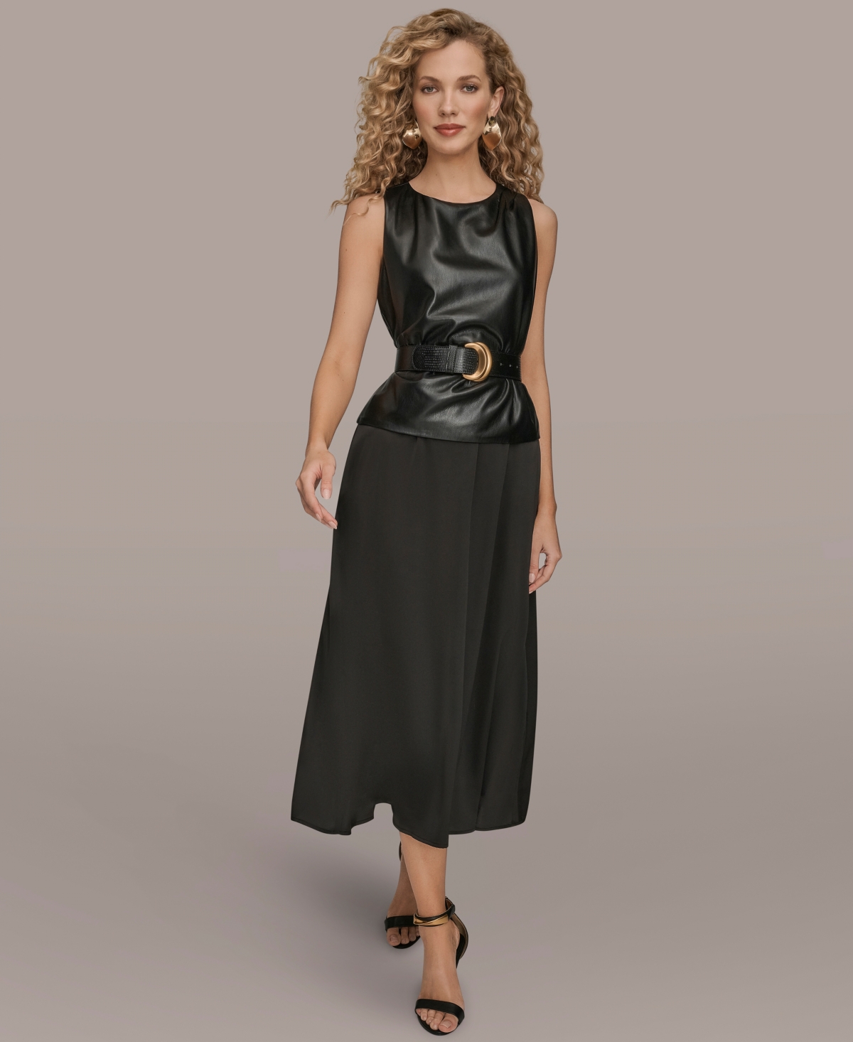Donna Karan New York Women's Sleeveless Mixed Media Belted Midi Dress