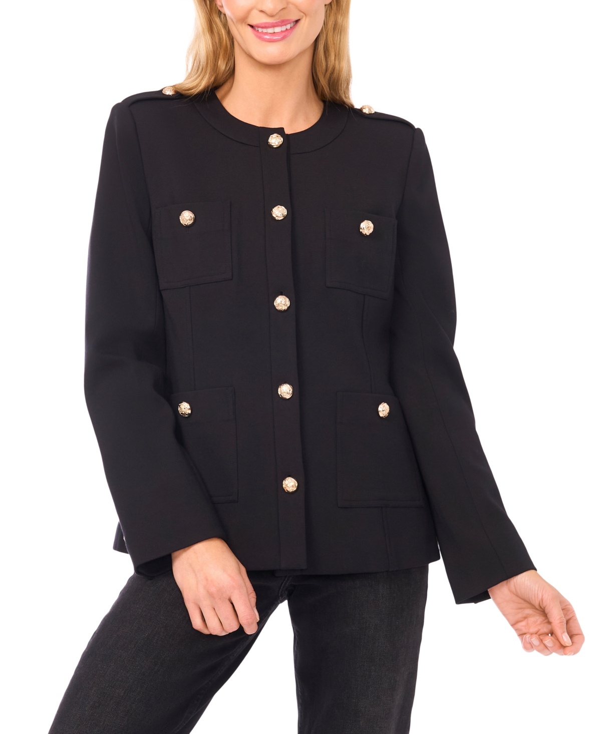 CeCe Women's Long Sleeve Knit Button Epaulets Blazer