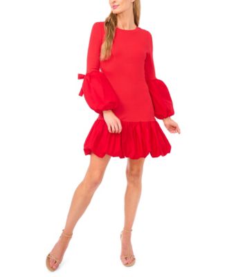 Women's Mix Media Rib Knit Balloon Long Sleeve Top