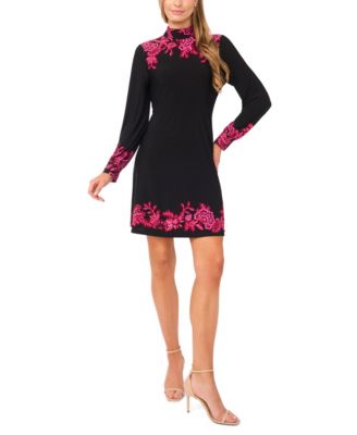 CeCe - Women's Border Print Long Sleeve Mock Neck Mini Dress