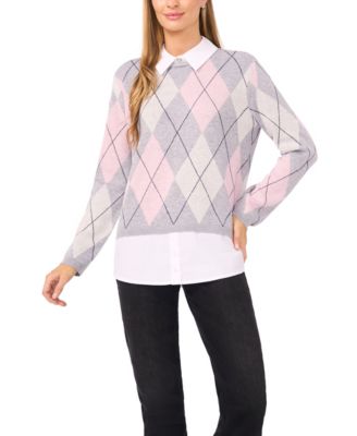Women's Argyle Collared Long Sleeve Twofer Sweater