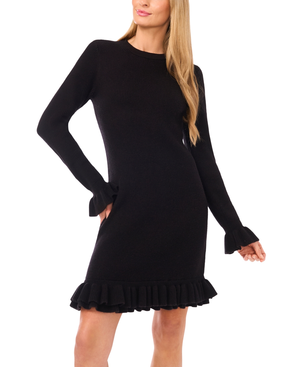 Cece Women's Long Sleeve Ruffles Sweater Dress In Black