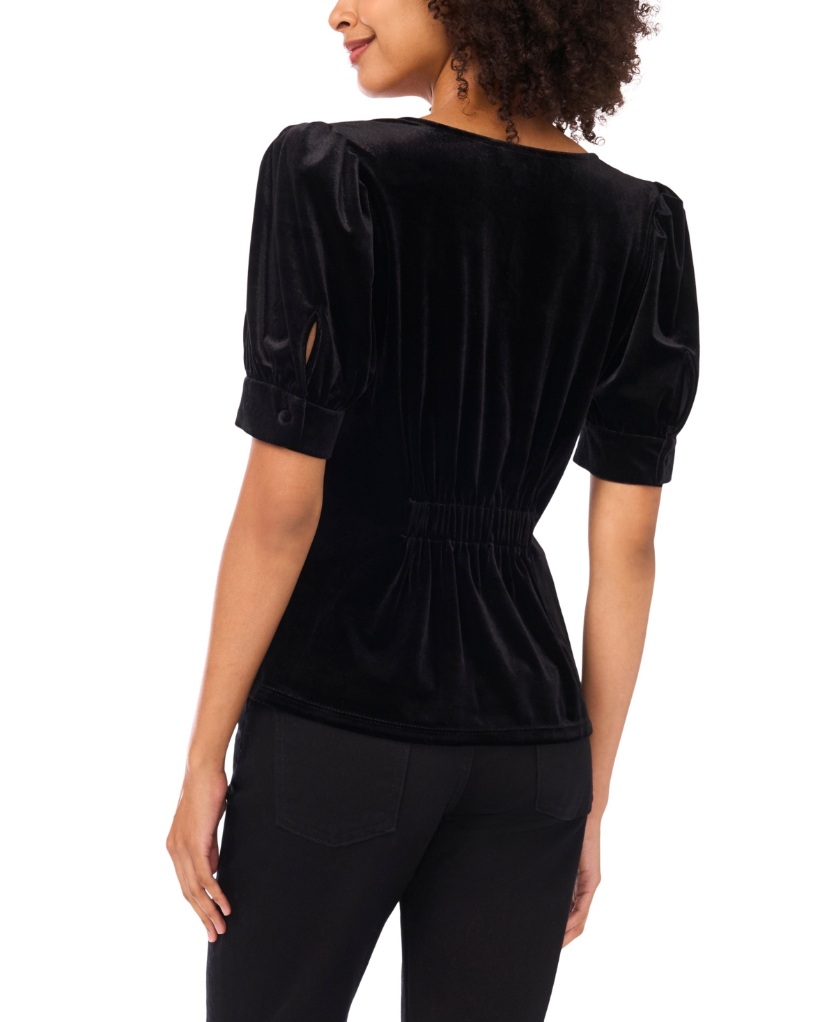 Cece Rhinestone Bow Stretch Velvet Top In Black