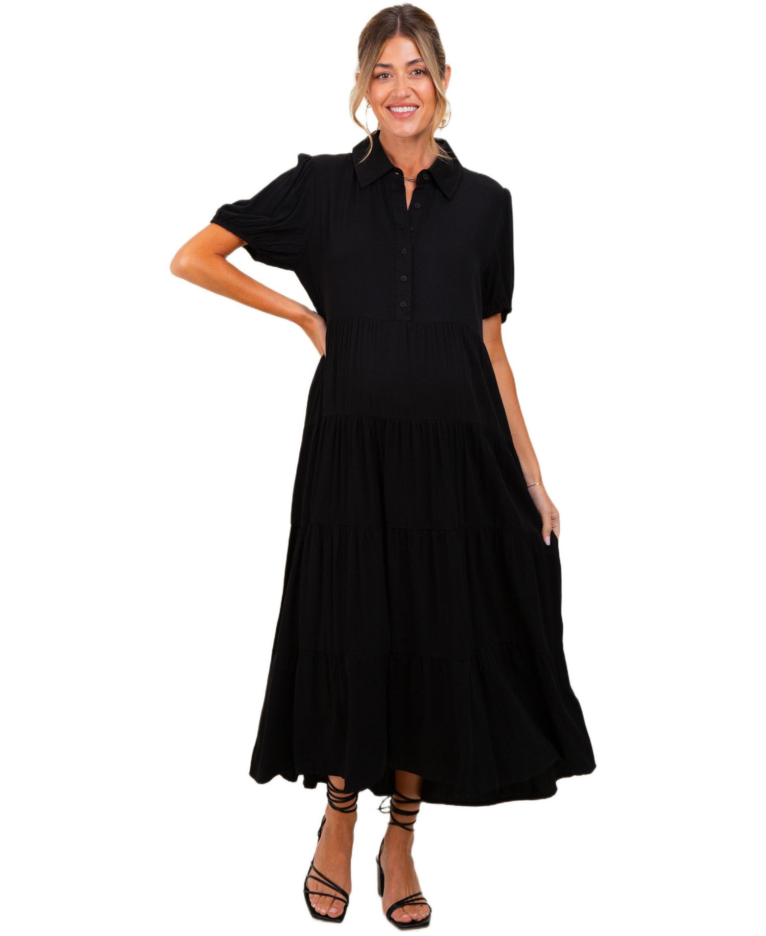 Women's Black Collared Button Down Tiered Midi Dress