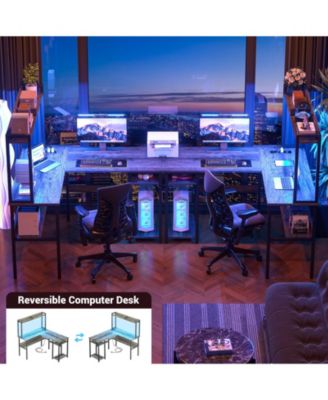L Shaped Desk with Hutch, LED Lights, Reversible Corner Desk with Power Outlet