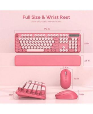 Wireless Keyboard and Mouse Combo - Round Keycaps, 2.4GHz Full-Size Keyboard with Detachable Wrist Rest, Sleep Mode Tilt, PC -Pink