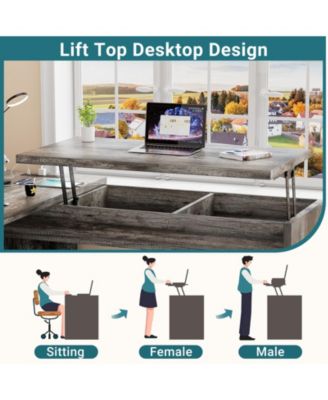 56'' Lift Top Computer Desk with Drawers and Power Outlets, Lift Top Executive Desk