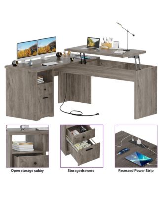 56'' Lift Top Computer Desk with Drawers and Power Outlets, Lift Top Executive Desk