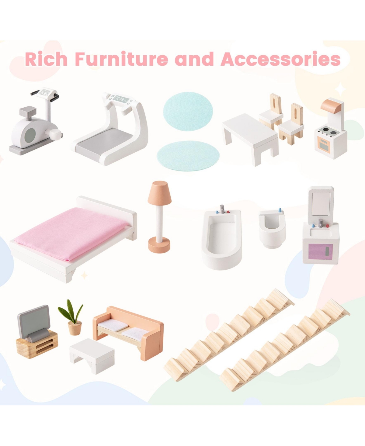 Sugift Kids Wooden Dollhouse 3 Level with Double-Sided Roofs and Doors