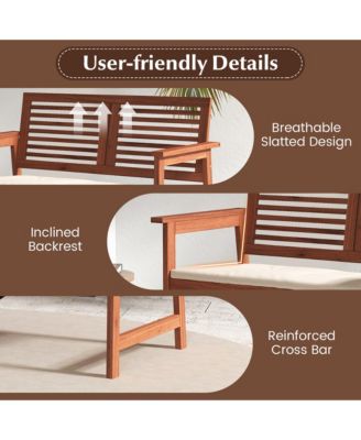 Outdoor Bench with Cushion 2-Person Patio Bench w/Slatted Back & Seat Garden Backyard Balcony