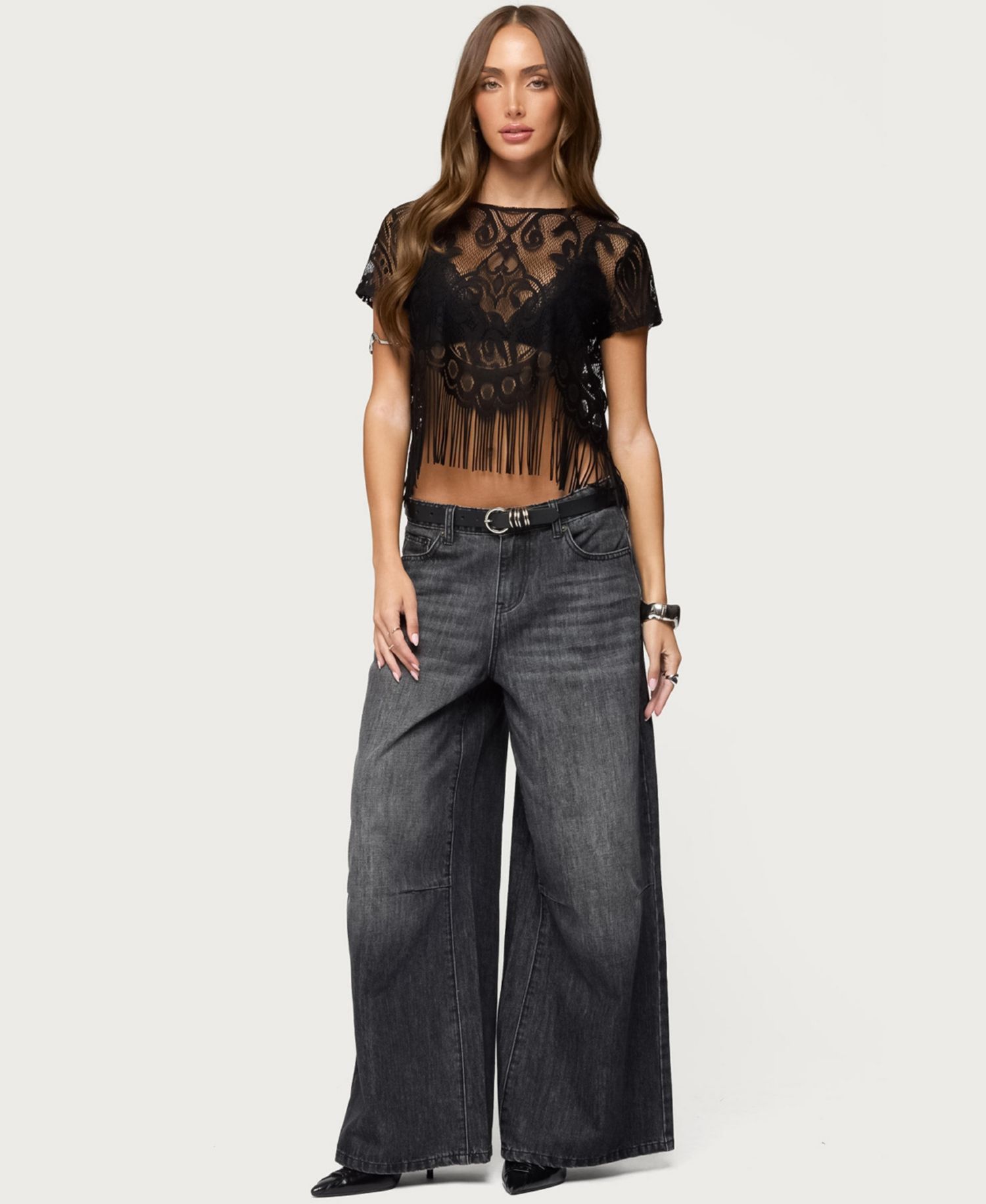 Women's Kira Sheer Lace Fringe Top