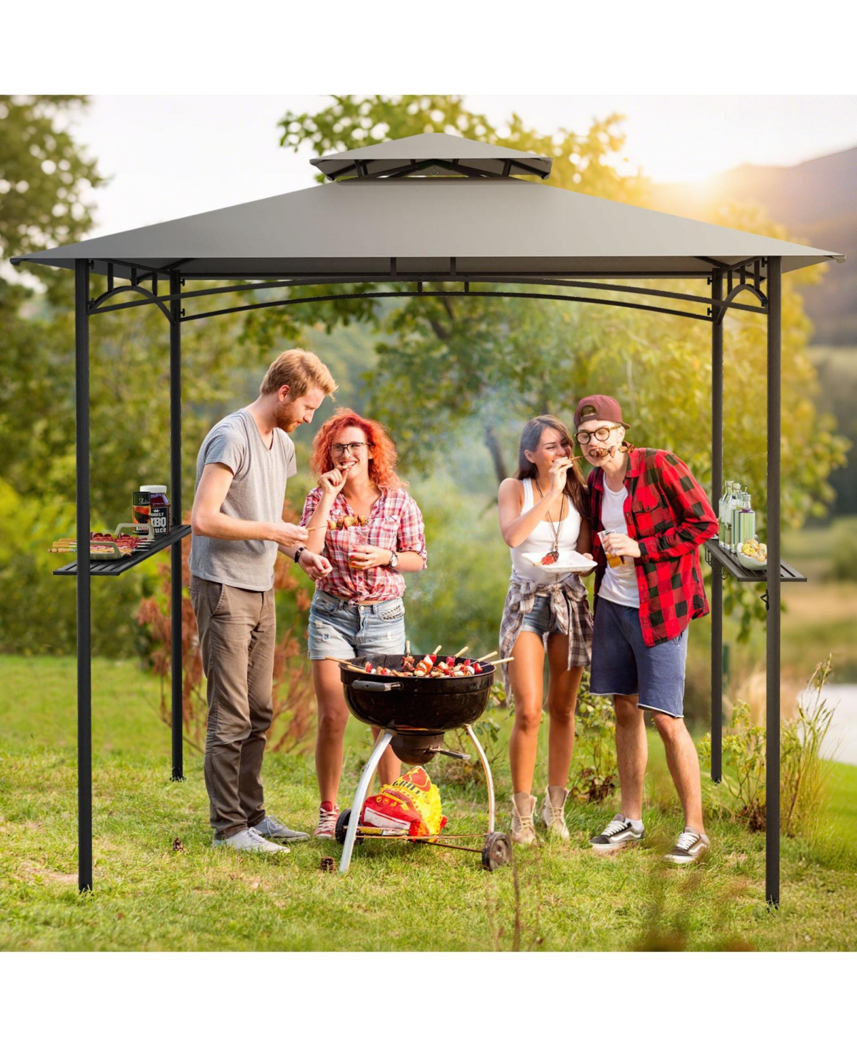 Gymax 8' x 5' Grill Gazebo Outdoor Double-Tiered Grill Canopy w/ 2 Shelves & 6 Hooks