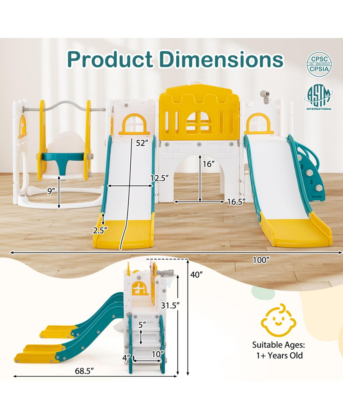 Sugift 10-in-1 Toddler Slide and Swing Set with Double Slides and Tunnel