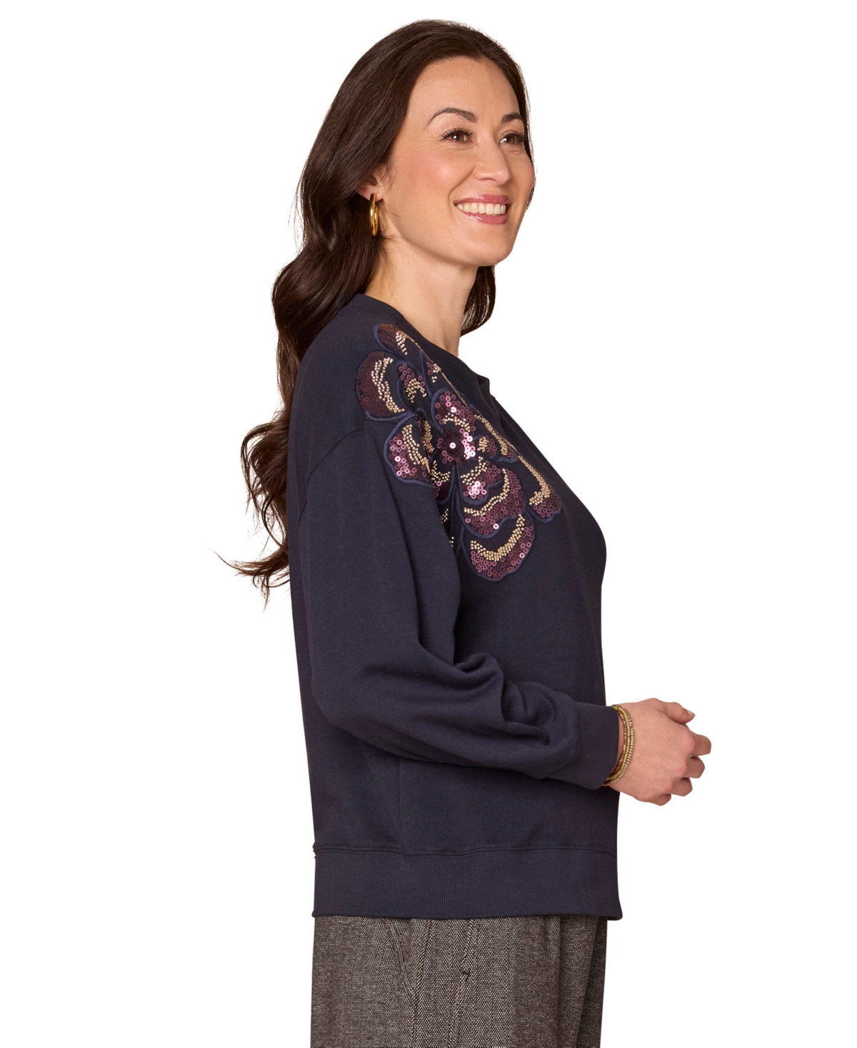 Democracy Women's Long Sleeve Beaded Crewneck Sweatshirt In Blue