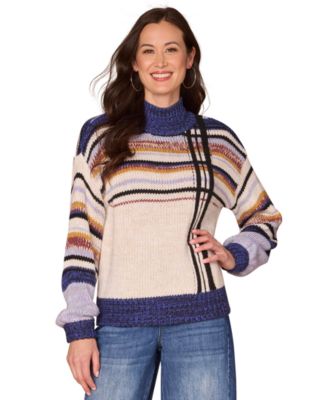 Democracy - Women's Long Sleeve Mock Neck Stripe Sweater