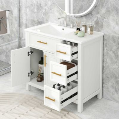36" Solid Wood and MDF Bathroom Vanity with Sink Top, Cabinet Doors and Drawers