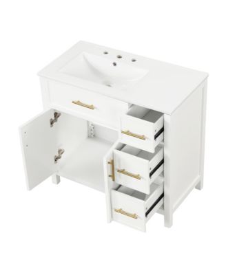 36" Solid Wood and MDF Bathroom Vanity with Sink Top, Cabinet Doors and Drawers