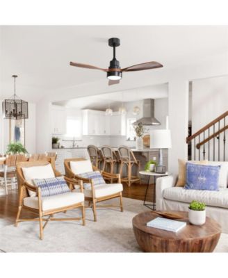 48-inch Modern Black Downrod Indoor Walnut Wood 3-Blade LED Ceiling Fan Light with Remote Control Support Six Speed Ajustable