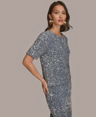 Women's Embellished Sequin Short Sleeve Crewneck Top