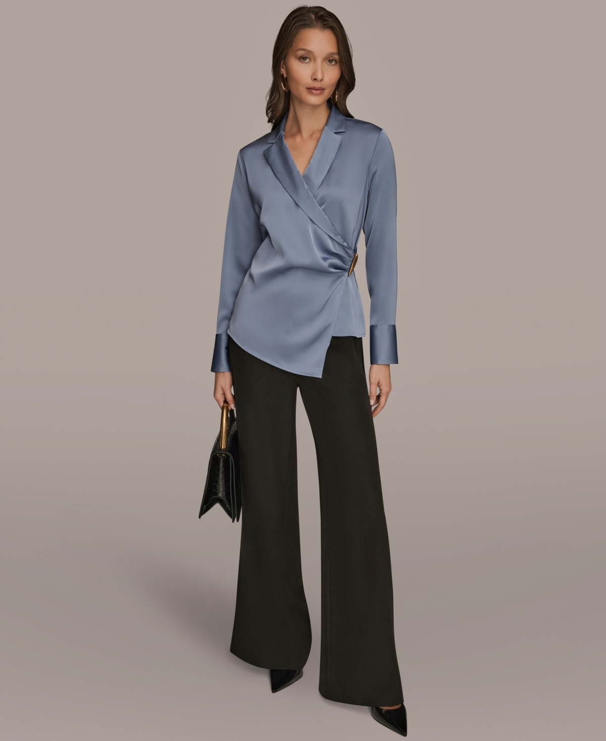 Donna Karan New York Pleated Wrap Front Silk Top In Gray