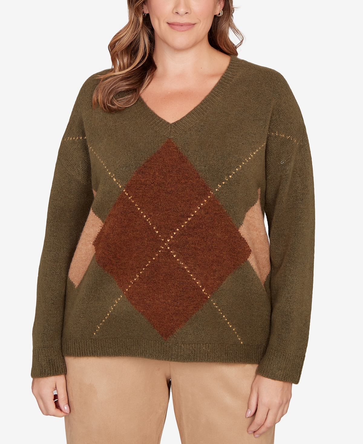 Hearts Of Palm Plus Size Argyle Long Sleeve V-neck Sweater In Brown