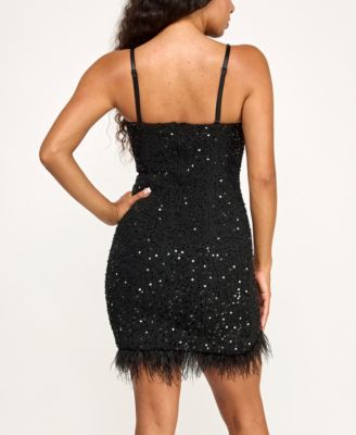 Juniors' Sleeveless Sequin Mini Dress with Faux Feather Trim