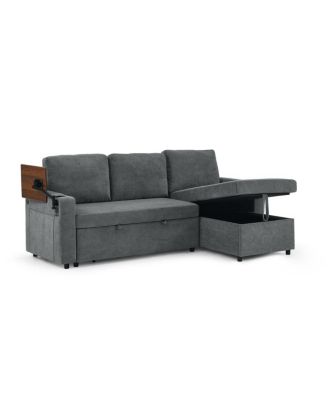 Maison Boucle Modern Chenille Upholstered Wood Pull-Out Sleeper with LED Lights, USB Ports & Cup Holders Sofa Bed