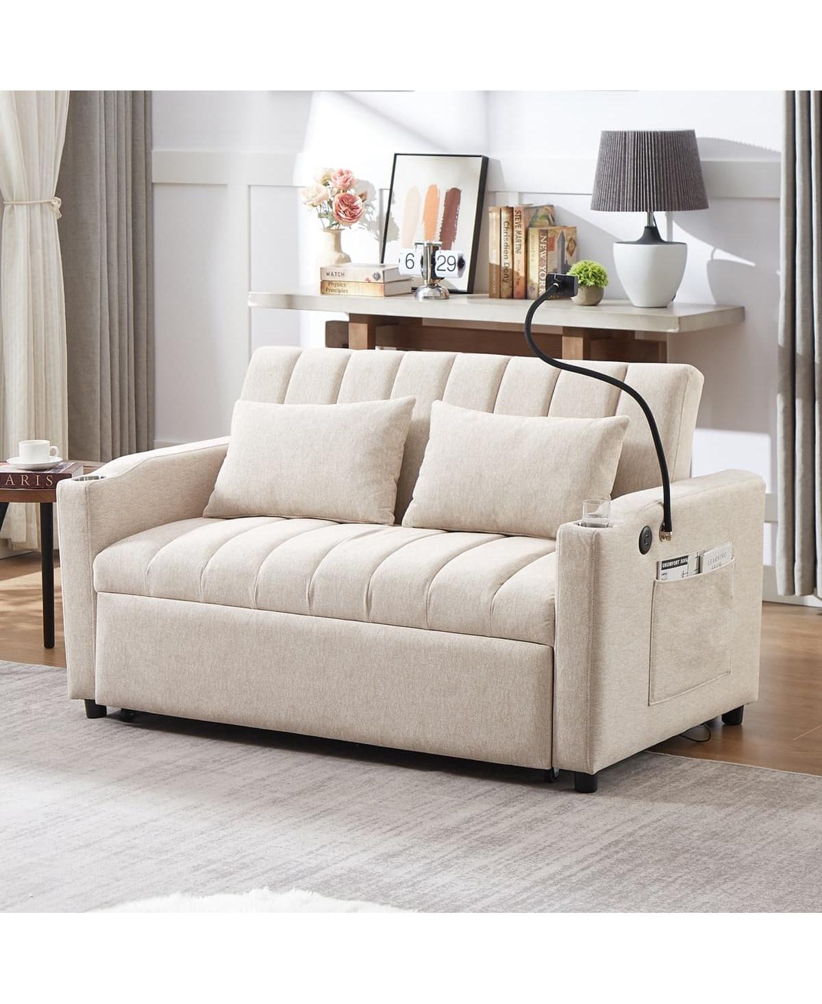 Maison Boucle 55.9" Pull Out Sofa Bed with Usb Ports, Cup Holders & Side Pockets, Adjustable Backrest Convertible Sleeper for Small Spaces-Maison Bouc
