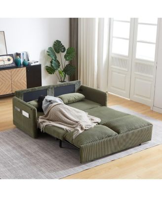 64.5 Inch 3-in-1 Corduroy Pull-Out Sleeper Sofa, Adjustable Loveseat Bed with Storage Pockets & 2 Pillows