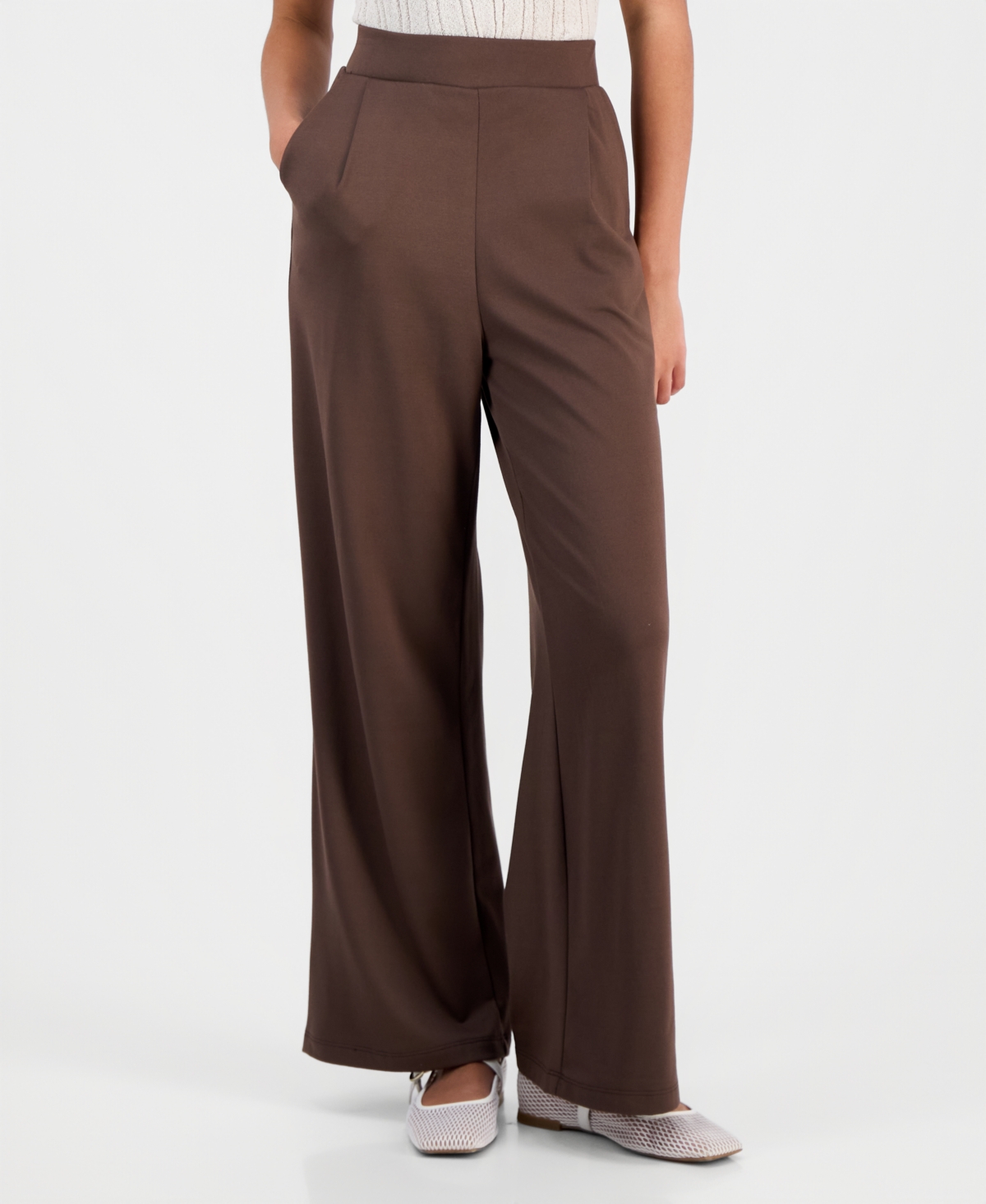 Derek Heart Juniors' High-rise Pleated Wide-leg Pants In Brown