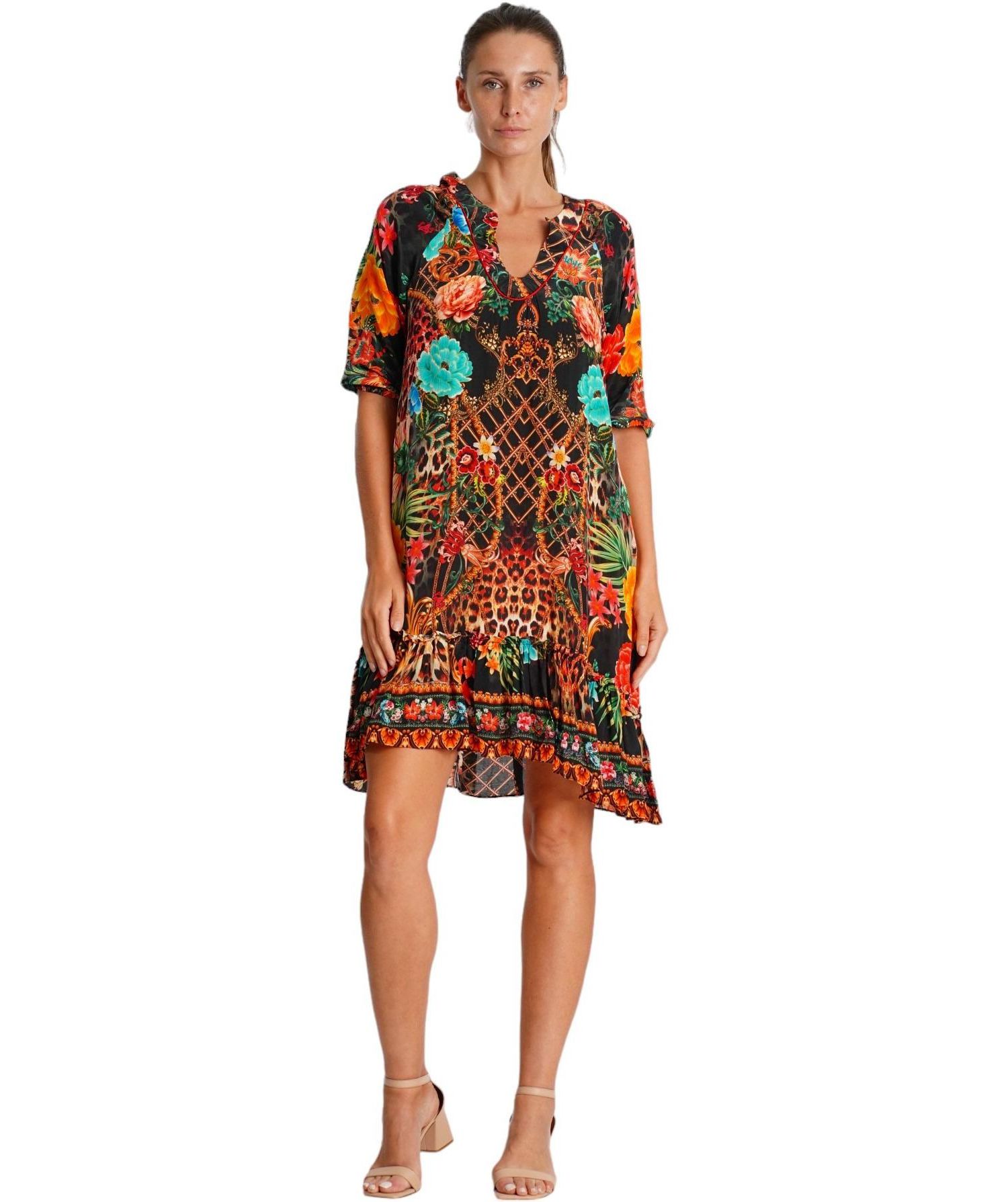 Women's Short Dress with V-Neck and Short Sleeves