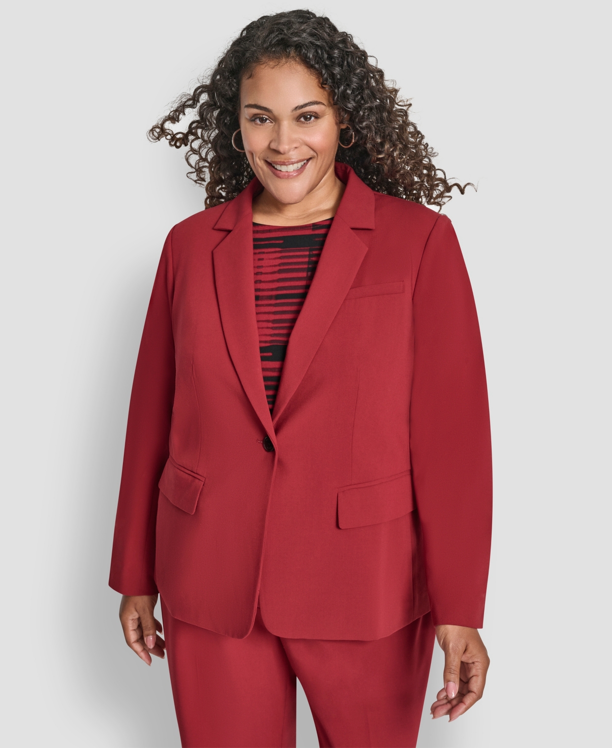 Dkny Plus Size Notch Collar Long Sleeve Blazer In Burgundy