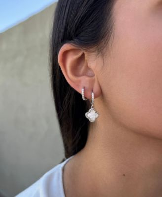 Gold CZ Halo Clover Huggie Earrings Set