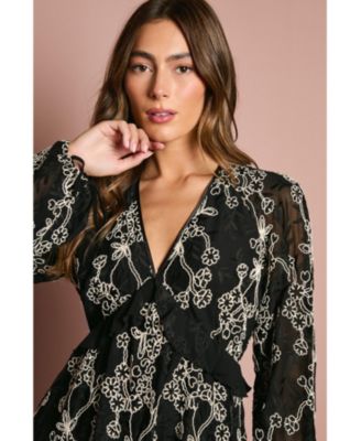 Women's Long Sleeve Broderie Floral Midaxi Dress