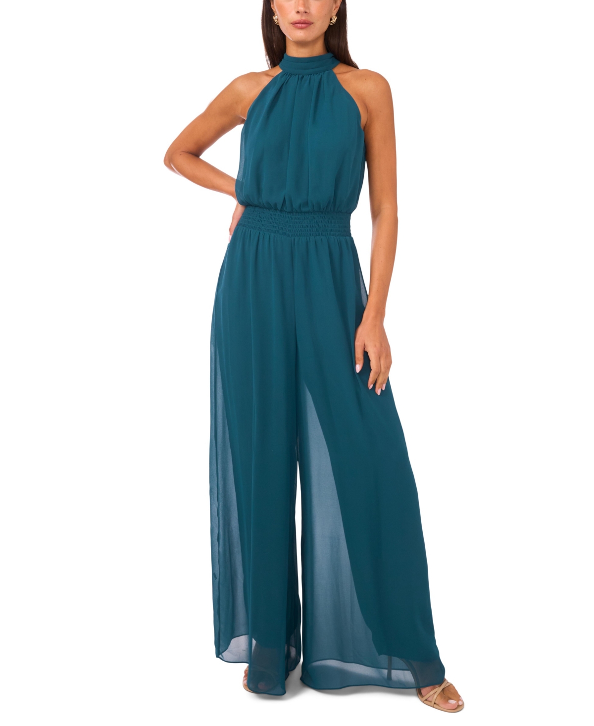 Vince Camuto Tie Neck Chiffon Overlay Wide Leg Jumpsuit In Green