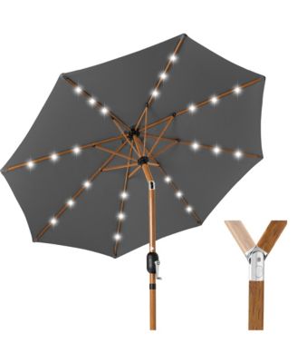 10ft Solar LED Lighted Outdoor Woodgrain Pattern Steel Market Patio Umbrella