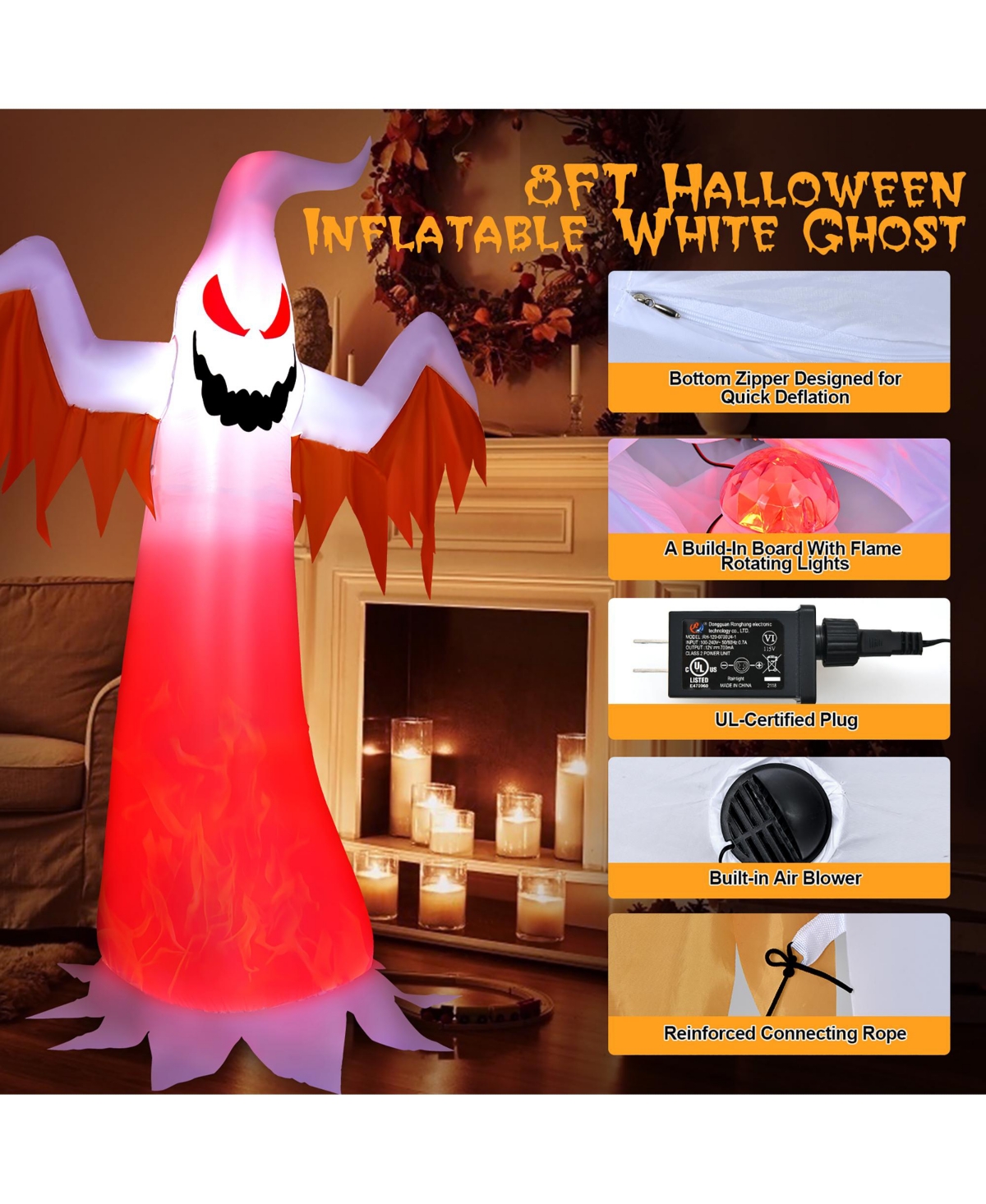 8 Ft Halloween Inflatable White Ghost with Rotatable Flame Led Lights